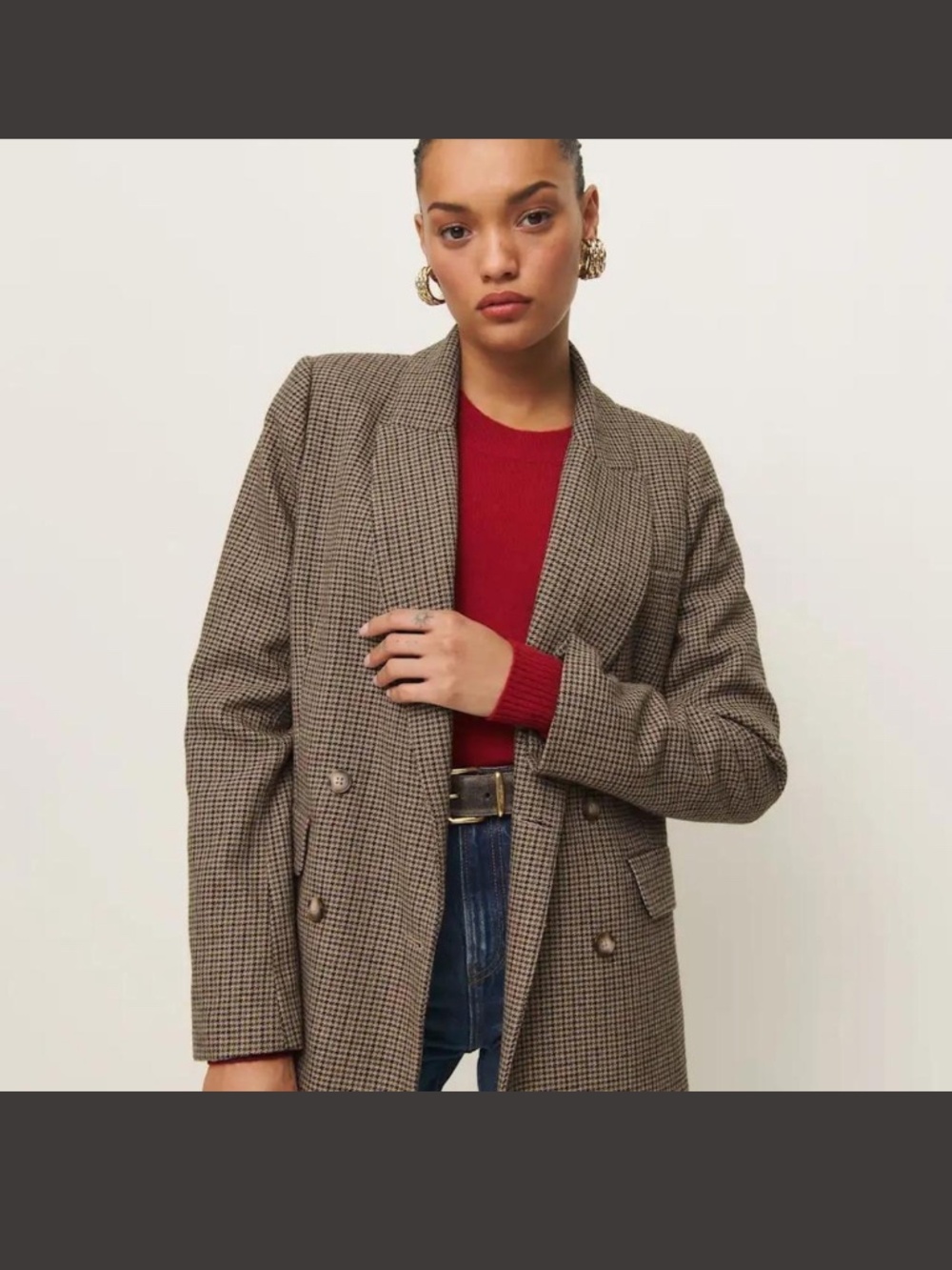 Reformation Brown Houndstooth Double Breasted Blazer